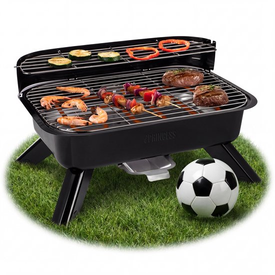 Princess 112252 Hybride Barbecue – 2000W – Elektrisch of Houtskool BBQ – Compact Tafelmodel – Ideaal voor Balkon & Camping – 44x29 cm - WK