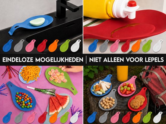 Een collectie kleurrijke siliconen lepelhouders in blauw, grijs, roze, rood, oranje, groen en wit. Veelzijdig te gebruiken.