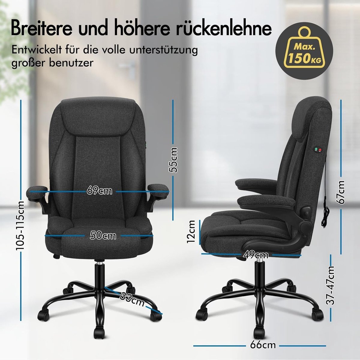 Ergonomische bureaustoel met massagefunctie – House&Garden Executive Directiestoel – Verstelbare kantoorstoel 90°–135° kantelfunctie, hoge S-curve rugleuning, armleuningen, 360° draaistoel met wielen, luxe zwarte linnen stof, 150 kg draagvermogen