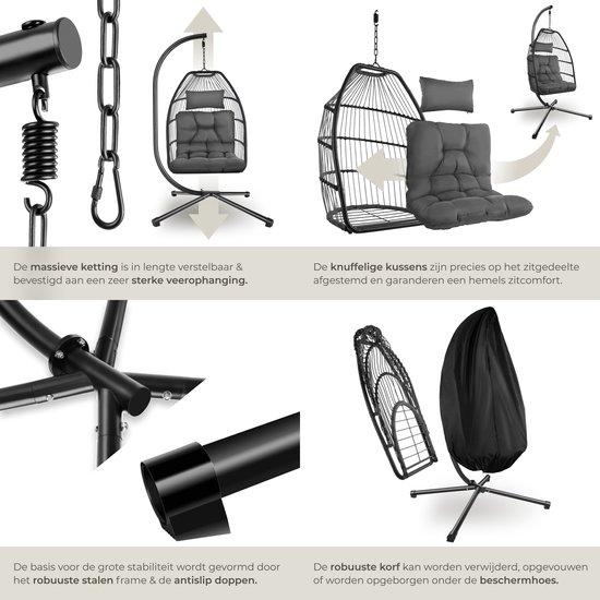 tectake® Luxe Hangstoel - Opvouwbare en draaibare Egg Chair met Standaard - Dikke Kussens - Antislipvoeten - Inclusief Beschermhoes - Ideaal voor Tuin, Terras en Slaapkamer - Donkergrijs