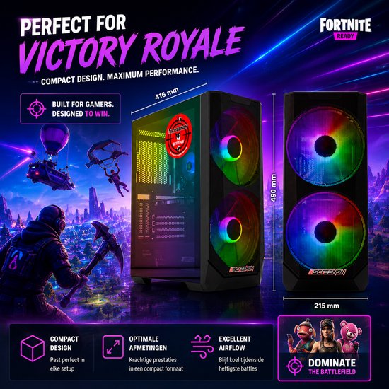 Compacte gaming PC, 416x490x215mm, met RGB fans. Perfect voor Fortnite, met game-elementen.