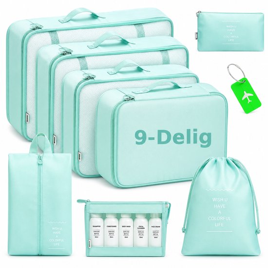 Een set van 9 turkooiskleurige kofferorganizers, inclusief diverse maten cubes, een toilettas, schoenentas en meer.