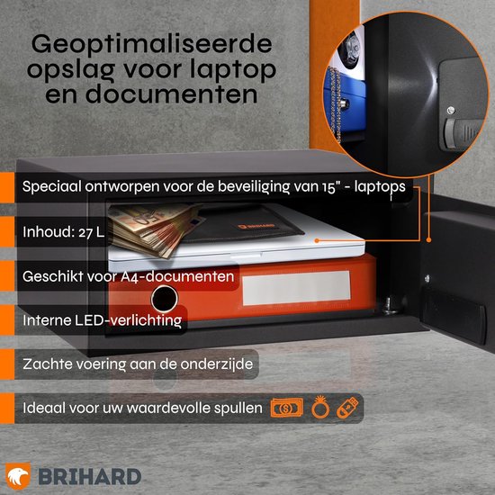 Zwarte kluis met openende deur en LED-verlichting. Binnenin liggen geld, een ordner en een laptop. Tekst 'Geoptimaliseerde opslag voor laptop en documenten'.