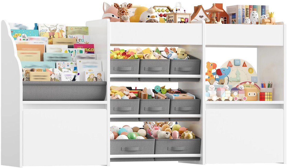 CINK Kids Living® Kinderboekenkast met 8 Opbergbakken en Speelgoedkast – Opbergmeubel Kinderkamer – Boekendisplay met Verrijdbare Opbergbakken – Wit