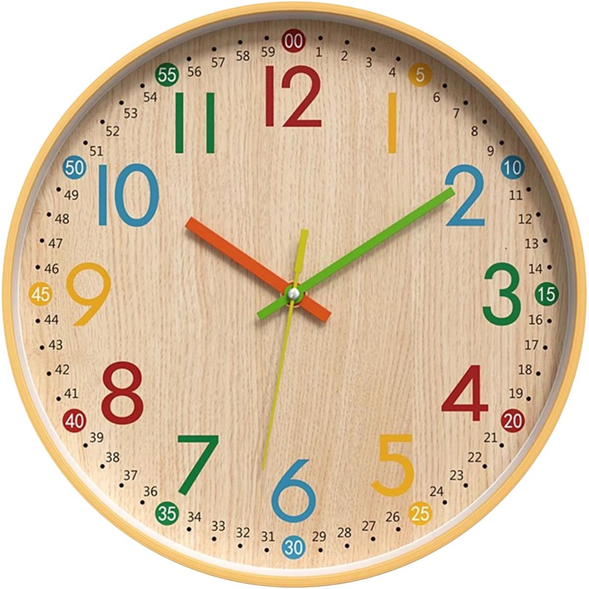 Wandklok Met Kleurrijke Cijfers En Een Geruisloos Uurwerk; Geschikt Als Educatieve Klok Voor Kinderen En Ideaal Voor Slaapkamers, Studeerkamers, Scholen, Woonkamers, Keukens, Kantoren En Meer.