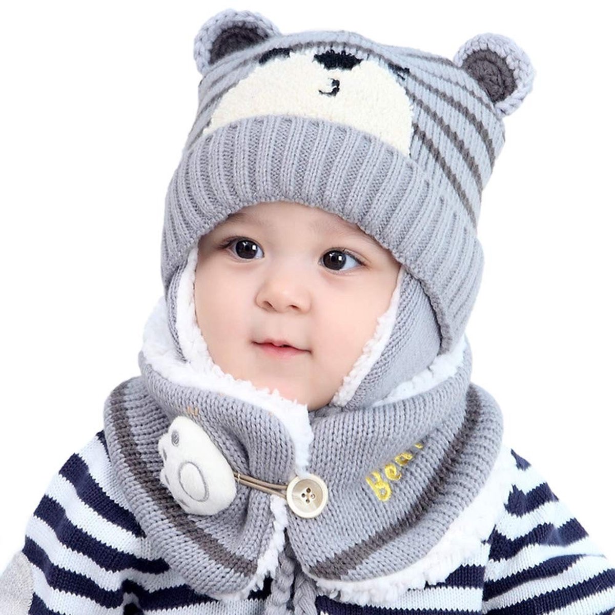 NTH products- Winterhoed Warm - Gebreide Baby Muts - Baby Mutsje - Sjaal Set - Oorbescherming - Maat 46-50 cm - Babymuts