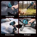 Vierkader collage toont het product in vier situaties: auto reinigen, bladeren ruimen, sneeuw ruimen, stofzuigen.