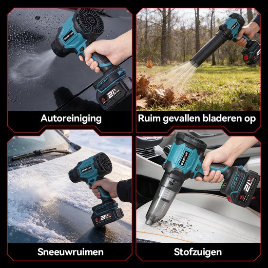 Vierkader collage toont het product in vier situaties: auto reinigen, bladeren ruimen, sneeuw ruimen, stofzuigen.