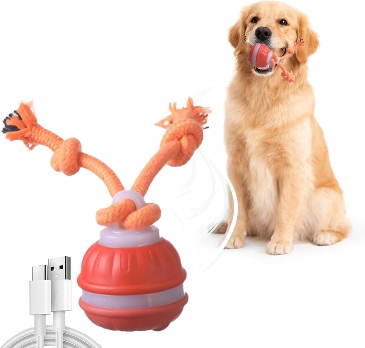 ZVD Interactief hondenspeelgoed -Hondenbal -Elektrisch automatisch rollend hondenspeelgoed -Met touw en vogelgeluiden - Geschikt voor kleine en middelgrote honden - Leuk en educatief puppyspeelgoed -Verlicht verveling en stimuleert training - Oranje