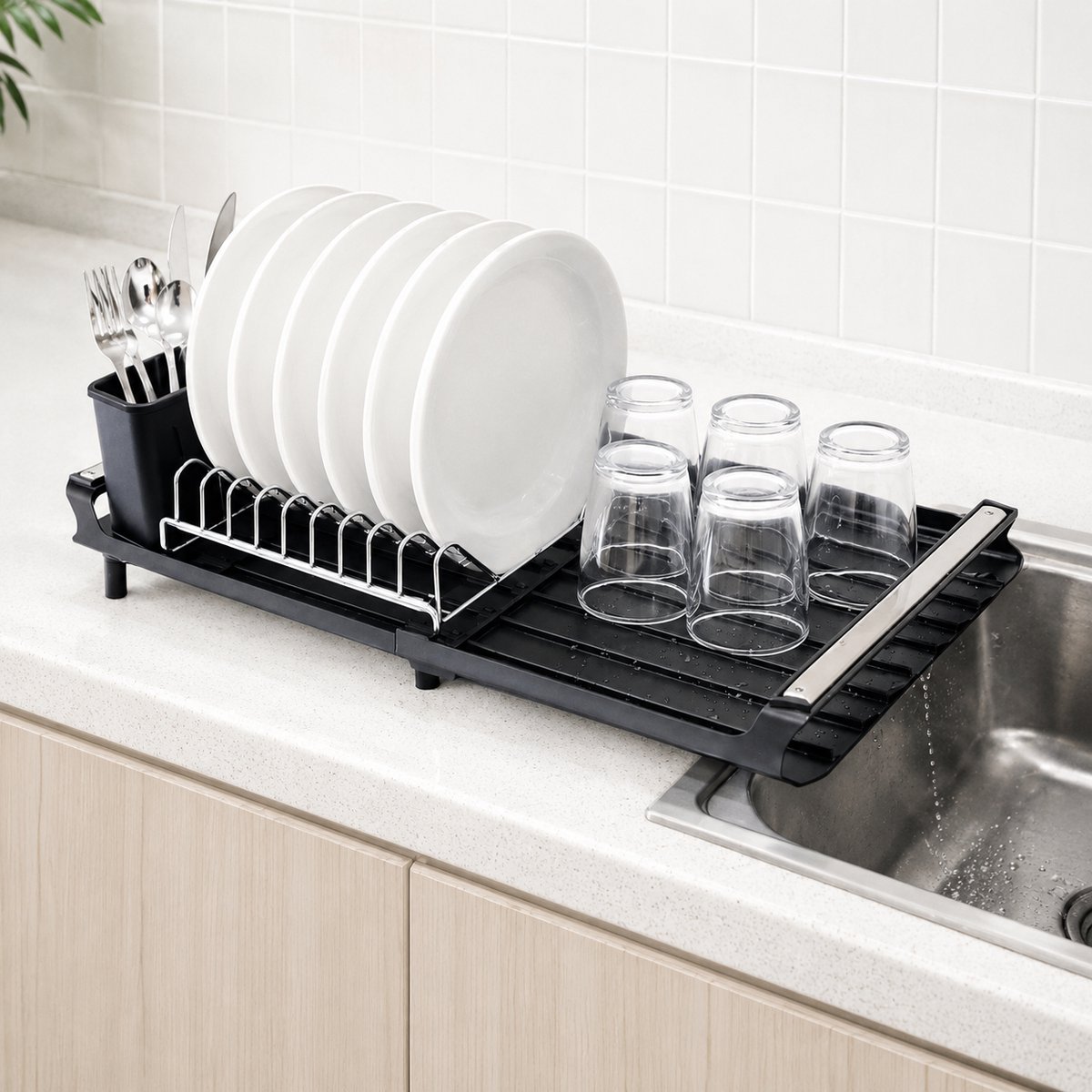 DAITORE - Afdruiprek - Uitschuifbaar - Afwasrek met Bestekhouder - Klein Droogrek voor Afwas -27,5x20x12,5cm - Keukenrek - Geschikt voor Borden, Bekers en Servies