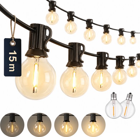 Decens 15m Dimbaar Lichtsnoer Rond - Waterdicht / 25 LED Lampjes Slinger - Kerst Lichtslinger voor Buiten Terras en Camping - Tuinverlichting - 2700k / Warm Wit