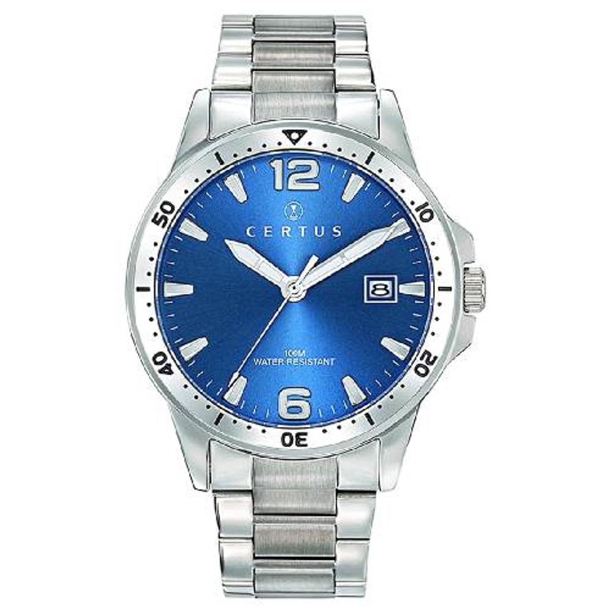 Certus-herenhorloge-Blauwe wijzerplaat-datum-100 meter waterdicht-edelstaal-zilverkleurig-diameter 40 mm-Made in France