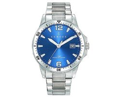 Certus-herenhorloge-Blauwe wijzerplaat-datum-100 meter waterdicht-edelstaal-zilverkleurig-diameter 40 mm-Made in France