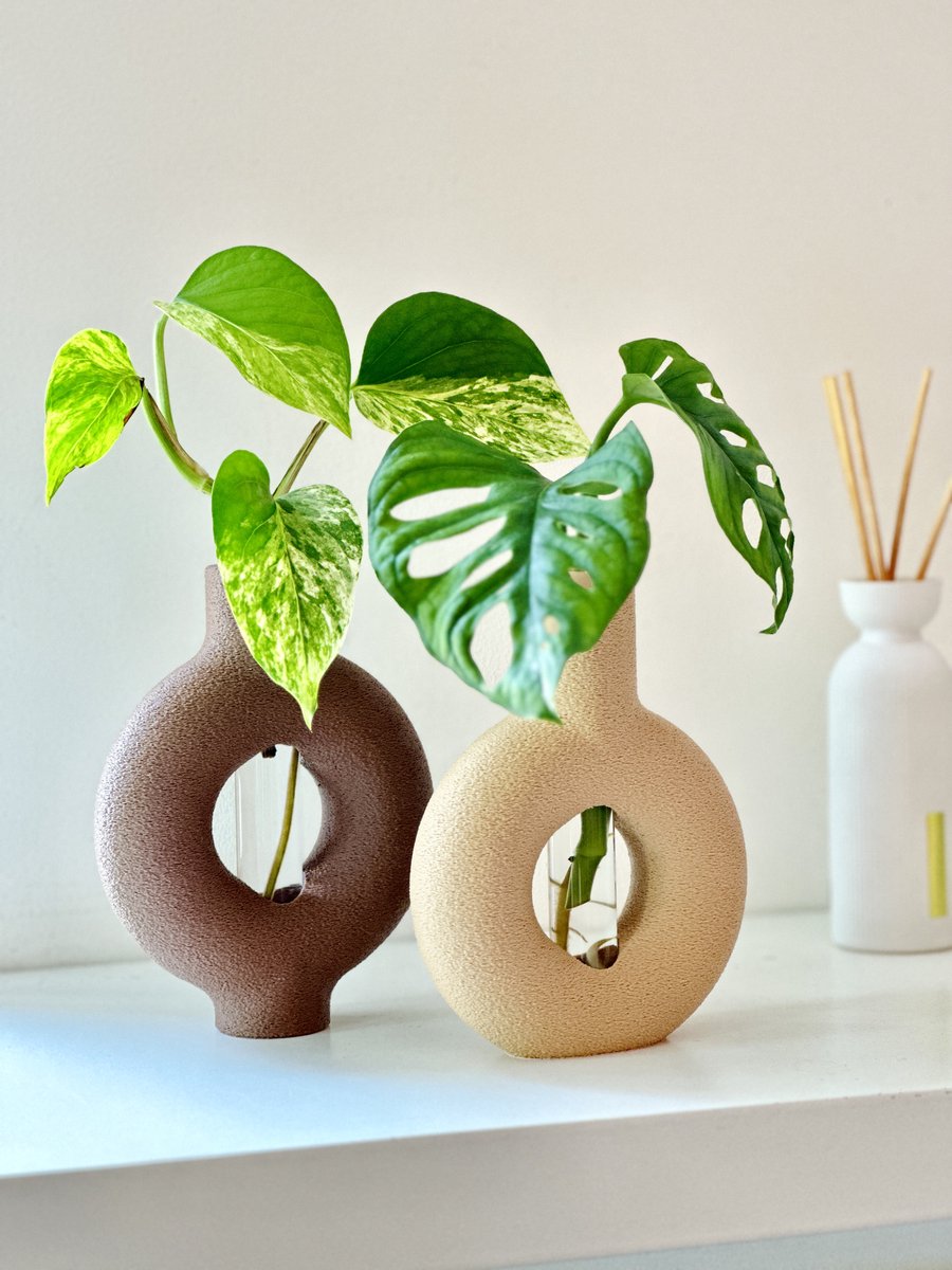 OVIA Stekhouder Set van 2 – 3D Geprint van Bio-Based PLA | Glazen Reageerbuisje | Stek Vaasje | Kamerplant Accessoire | Planten Cadeau | Bruin & Beige