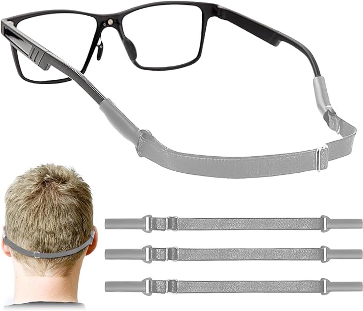 Verstelbare brillenband - 3 stuks brillenkoord zonder uiteinden, geschikt voor mannen, vrouwen en kinderen – Geschikt voor brillen en zonnebrillen, sportbrillen antislipkoord, brillenfixatieband, grijs