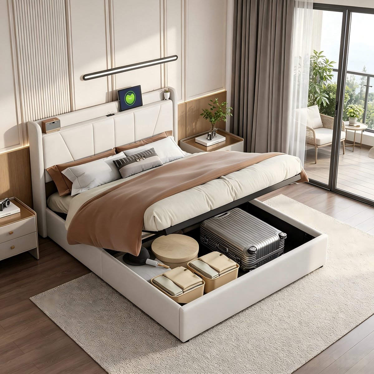 MEXUS Gestoffeerd bed 160x200 cm met Opbergruimte – Opbergbed met Lattenbodem, USB-Stopcontact en Hoofdeinde, Hydraulisch Tweepersoonsbed – Linnen Beige - zonder matras
