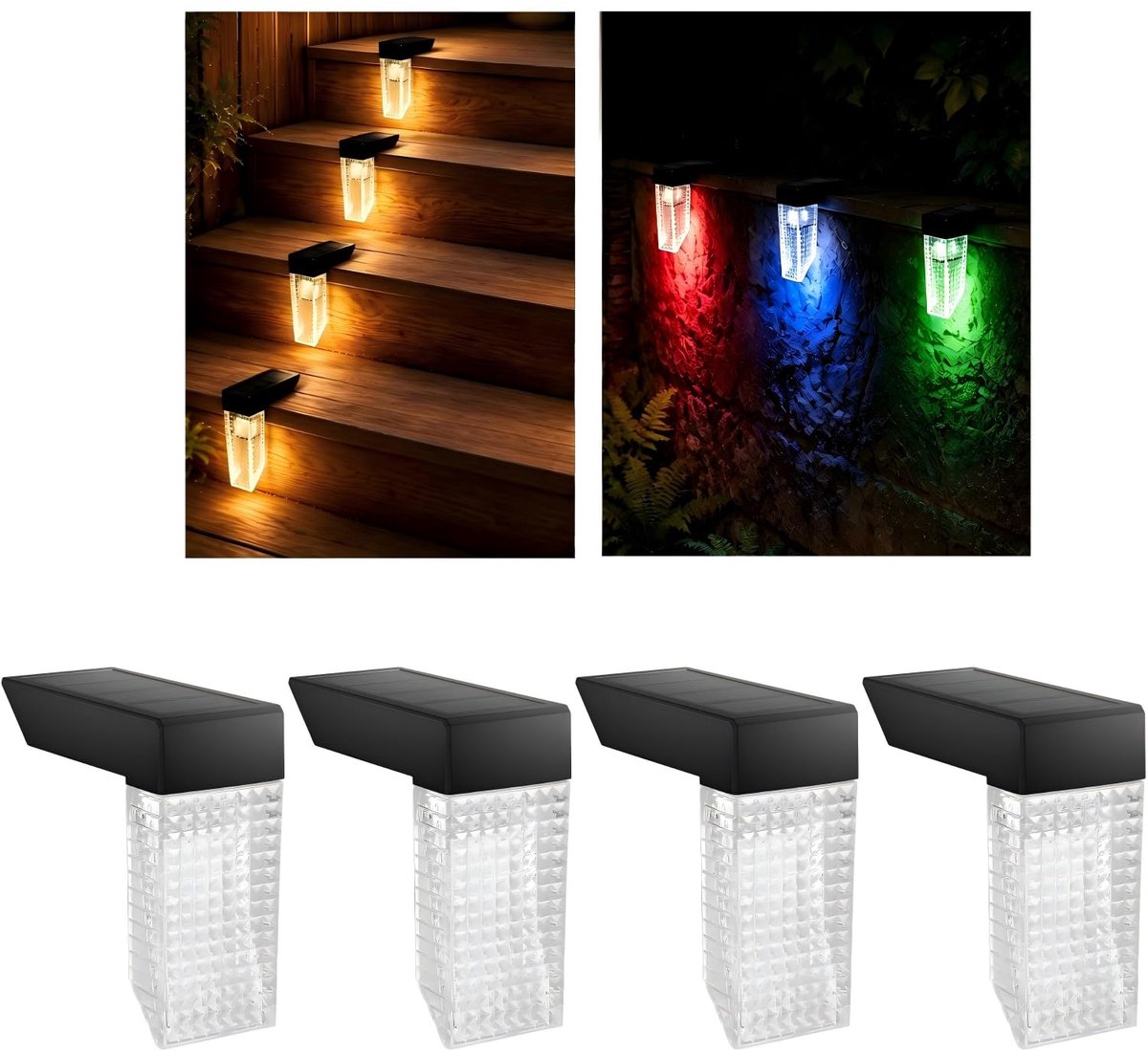 Solar trapverlichting - IP65 waterdicht - Geschikt voor buitentrappen - Terras-/tuin-/voordeurverlichting - Solar trapverlichting voor buiten (warm licht + RGB) - Ook geschikt voor leuningen, terrassen, paden en tuinverlichting - 4-delige set