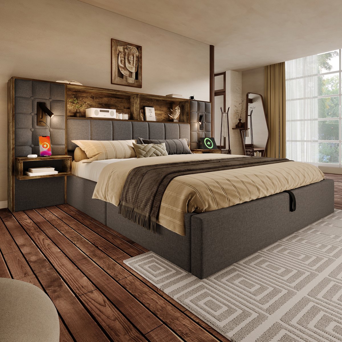 OKWISH Gestoffeerd Bed 180x200 cm - Met Led Leeslampen En Usb Opladen - Met Opbergruimte En Nachtkastjes - Vintage Linnen - Grijs - Zonder Matras