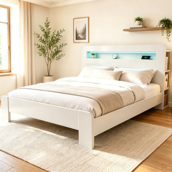 Wit bed met verlicht hoofdbord in blauwe tinten, opbergvakken, kussens en deken. Ramen met beige gordijnen en een plant op de achtergrond.