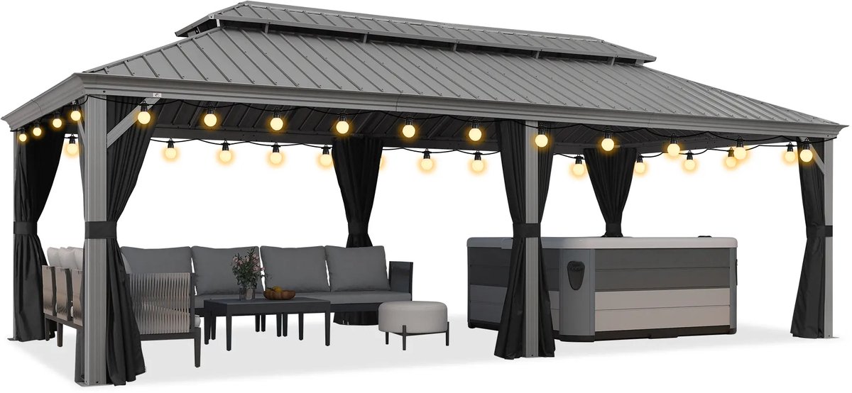PURPLE LEAF Hardtop Aluminium Tuinpaviljoen – Dubbel dak – Hoogwaardige Gordijnen – Wind- en weerbestendig – Luxe Lichtgrijs – Met Sfeerverlichting