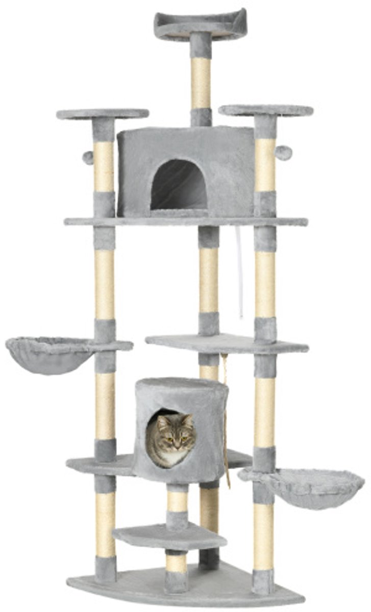Krabpaal Groot 200 cm - XXL Kattenboom met Kattenholen & Hangmatten - Stabiel voor Grote Katten - Lichtgrijs - Tot 10 kg