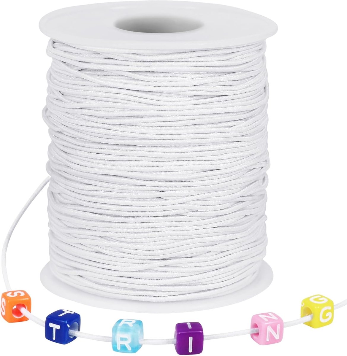 1 rol elastisch koord - 1 mm dikte - 50 m lengte - Gemakkelijk te gebruiken - Gespuneerd elastisch koord - Geschikt voor doe-het-zelf armbanden, kettingen, kralenwerk en naaien - Wit