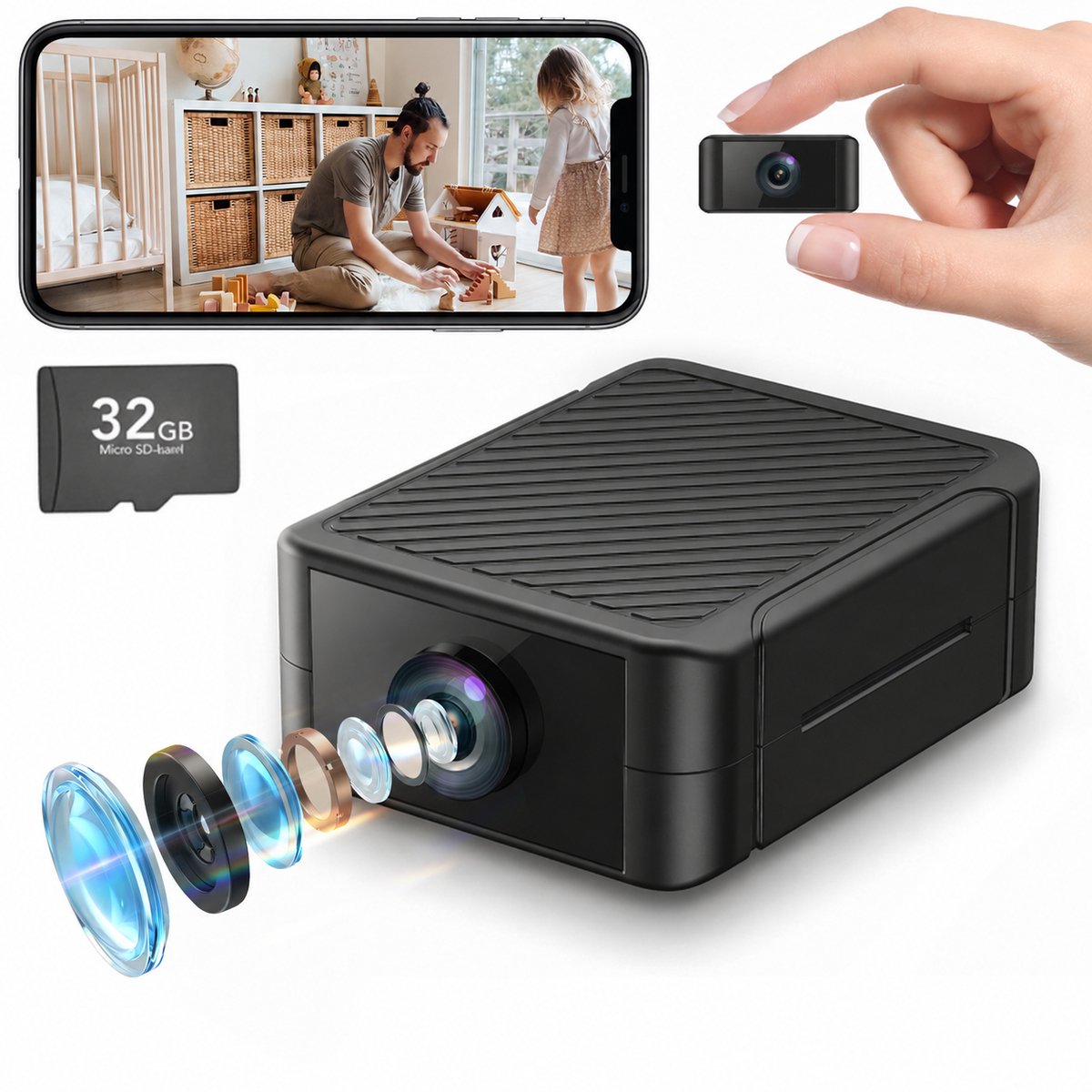 Rolipo Mini Spy Camera 1080P HD – Draadloze WiFi Beveiligingscamera met Accu & Nachtzicht – IP54 Waterdicht voor Binnen & Buiten – App-bediening – Incl. 32GB SD Kaart