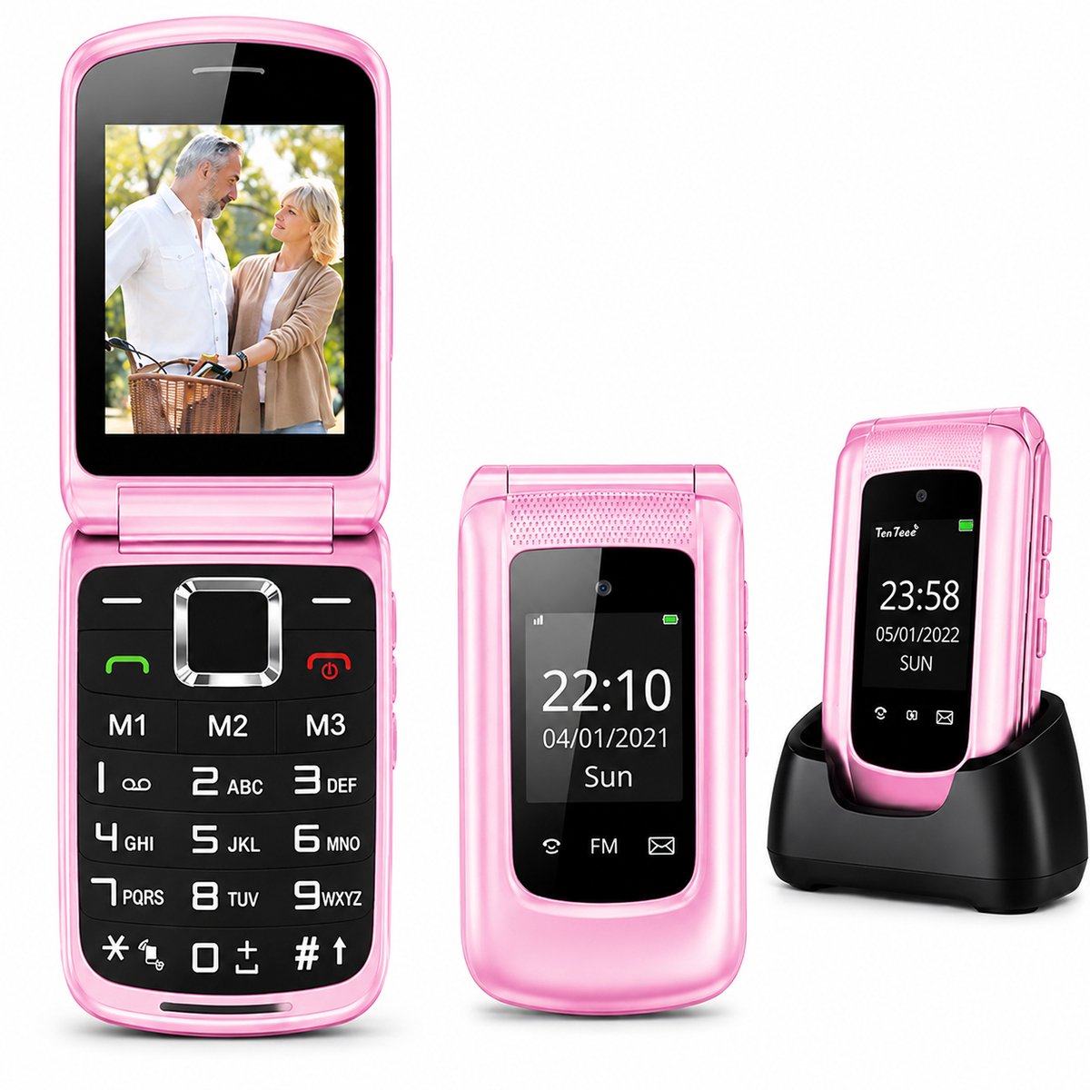 Yarvu ® - Flip 1 Roze - 4G Senioren GSM + Oplaadstation - Dual Sim - Dual Scherm - Big Button Mobiele Telefoon - Grote Toetsen & Cijfers - SOS Knop - Mobiel - Ouderen