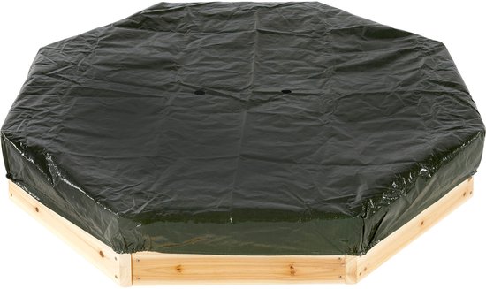 Bac à sable en bois avec une bâche de protection vert foncé.