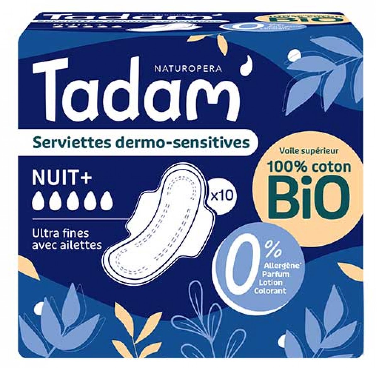 Tadam' Dermo-Sensitieve Ultra Dunne Maandverbanden met Vleugels Nacht+ 10 Stuks