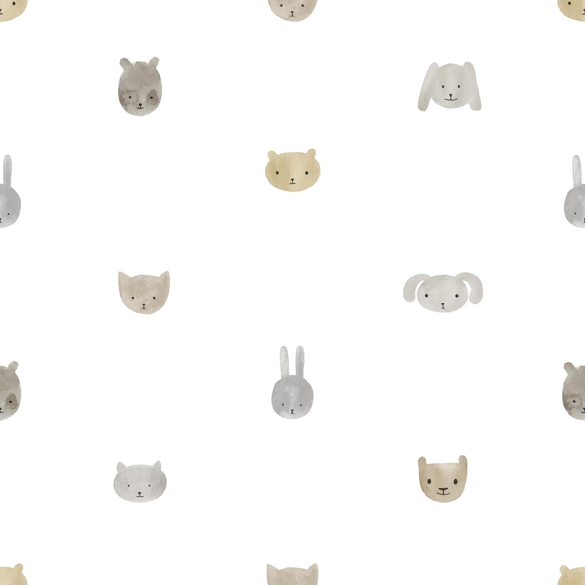 Behang - Dieren - Aquarel - Babykamer Neutraal - Wit Taupe - Kinderkamer - Dierenhoofdjes - Beer Kat Konijn - 0,53 x 10,05 M - Happy