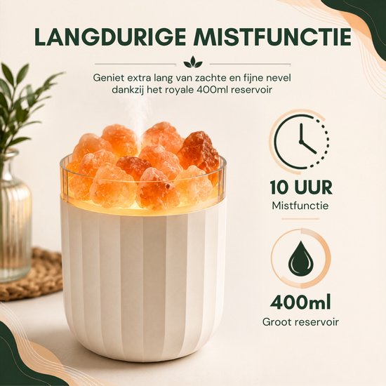 Boncy zoutsteen lamp met 400ml reservoir voor 10 uur mistfunctie, omringd door oranje zoutstenen.