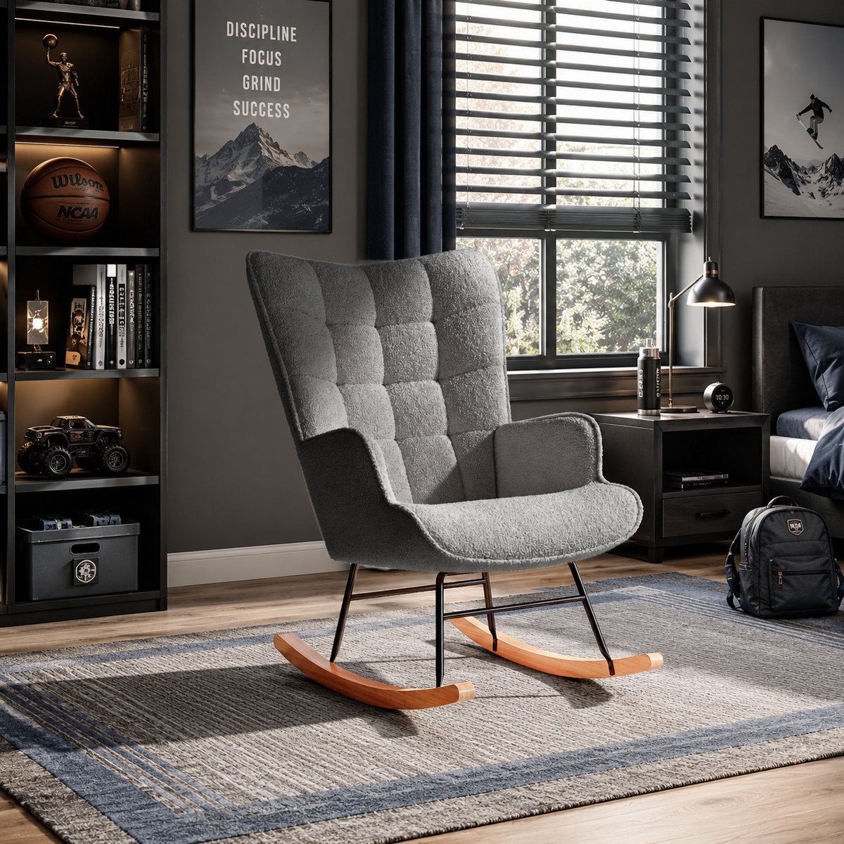 Schommelstoel Teddy DonkerGrijs- Relaxstoel babykamer Met kussen - Fauteuil met armleuningen en rugleuning - Voedingsstoel