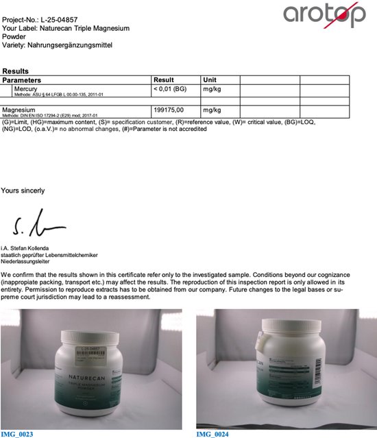 Certificaat van analyse voor Naturecan Triple Magnesium Poeder. Toont resultaten voor kwik en magnesium.