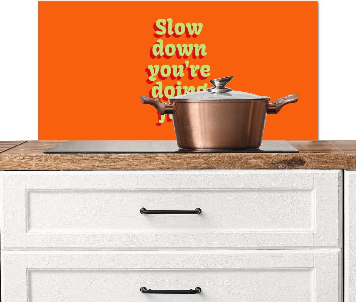 KitchenYeah Spatscherm keuken 90x45 cm Kookplaat achterwand Oranje Slow down you're doing fine Retro Muurbeschermer Spatwand fornuis Hoogwaardig aluminium