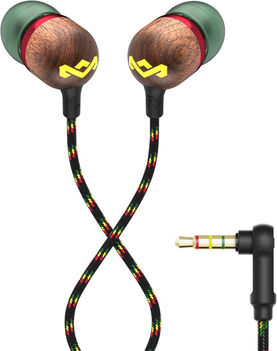 Oordopjes met houten behuizing, groene dopjes, rode ring en gele M-logo. Een gevlochten kabel in rood, geel, groen en zwart kruist onder de oordopjes.