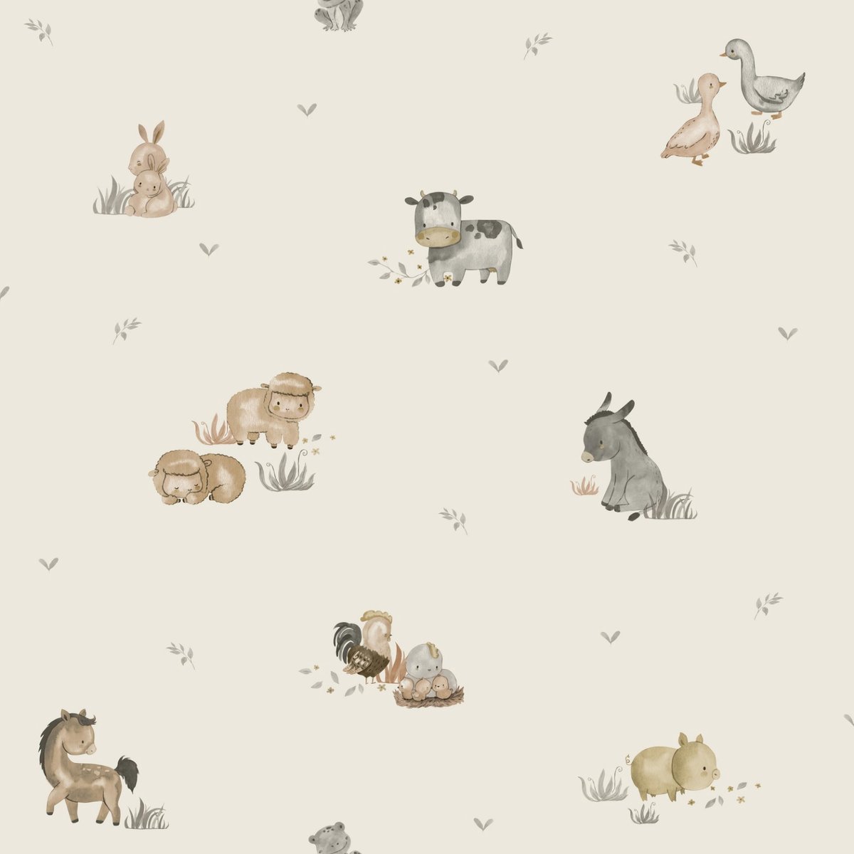 Behang - Boerderij Dieren - Farmhouse - Babykamer Neutraal - Beige Bruin - Kinderkamer - Landelijk - Dierenbehang - Koe Schaap Paard - Aquarel - 0,53 x 10,05 M - Happy