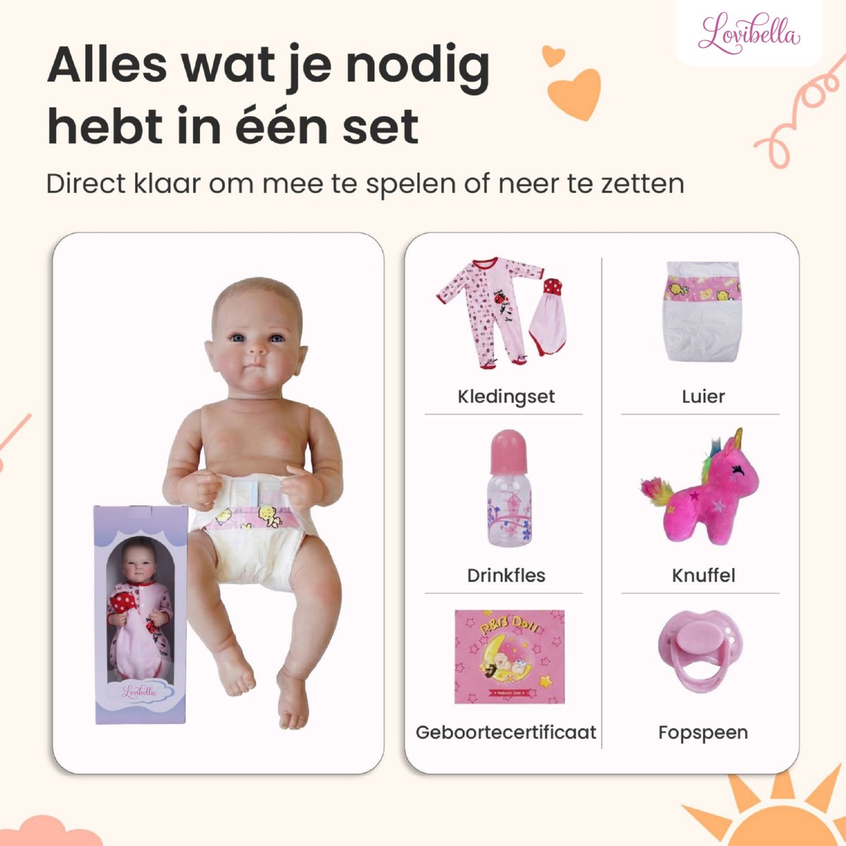 Lovibella® Livia Reborn Baby Pop Meisje - Levensechte Babypoppen - Dementie poppen - 45 cm - Complete Accessoires Set - Realistische Poppen - Zoals Echt - Zacht Vinyl - Doll Speelgoed 3 Jaar — afbeelding 5
