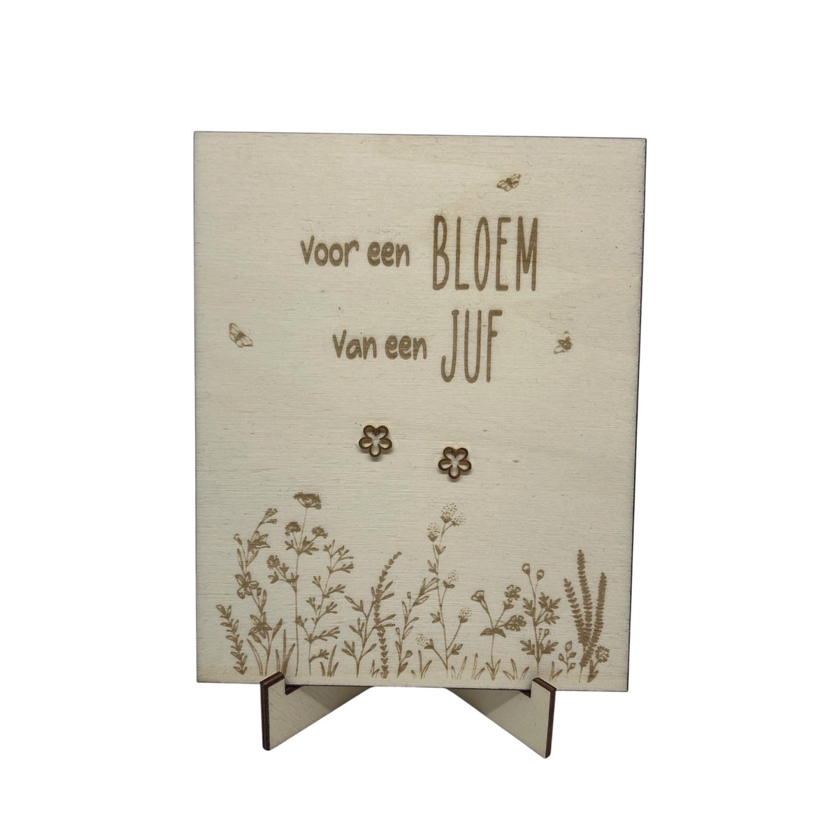 Oorbellen en houten kaartje JUF | bloem | lieve juf | jij bent de liefste | liefste juf | topjuf | einde schooljaar | cadeau