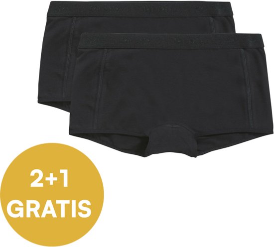 Twee zwarte meisjes boxer shorts van Ten Cate met een '2+1 GRATIS' sticker. Logo op de tailleband.