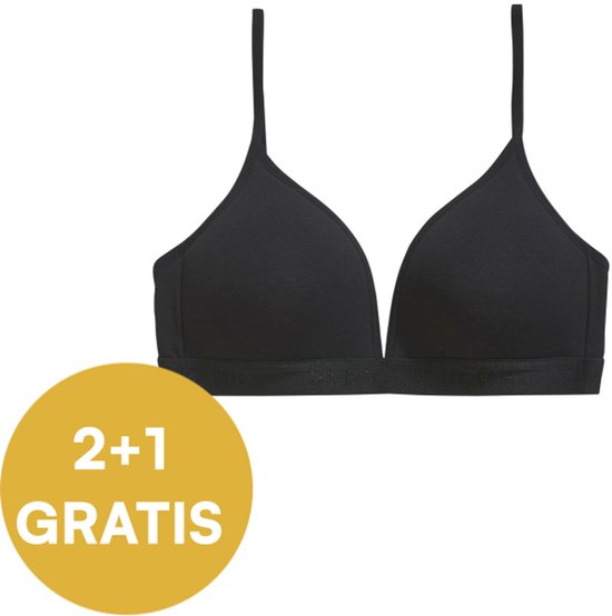 Zwarte beugelvrije bh met elastische band en een gele cirkel met tekst '2+1 GRATIS'.