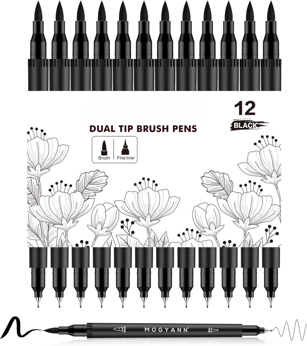 PromoHome Viltstiften - 12 stuks Zwarte Penseelstiften met Dubbele Punt voor Kunst, Tekenen, Schetsen en Handlettering - Brush Pen Set