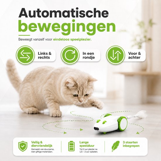 Automatische bewegingen: De kat speelt met een witte en groene robotmuis die links-rechts, in een rondje en voor-achter beweegt.