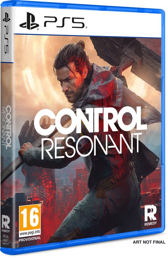 PS5 Steelbook editie van Control Resonant met een man met een paardenstaart en rode kleding.