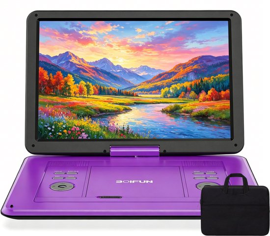 Boifun 17,5" draagbare dvd-speler met 15,6" HD groot draaibaar scherm voor in de auto - 4-6 uur speeltijd met batterij - geheugen-afspeelfunctie - ondersteuning USB/TF-kaart [Blu-ray niet ondersteund] - met handtas