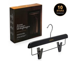 Zeroni Velar - Luxe Broekenhangers met Clips/Knijpers - Massief Hout - Set van 10 - Verstelbare Kleerhangers voor Broeken - Premium Garderobe Organizer - Zwart