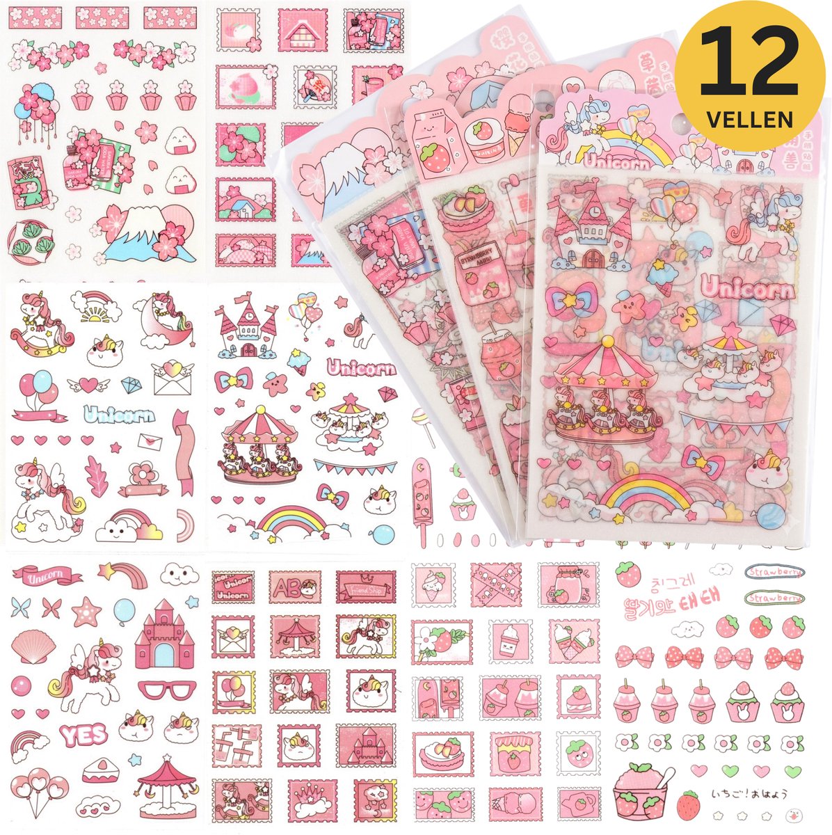 Ainy Kawaii Stickers set - 3 set van 4 stickervellen om je schoolspullen, bullet journal, fotoalbum laptop, telefoon, en waterfles persoonlijk te maken - geschenkstickers - schattig voor jong en oud