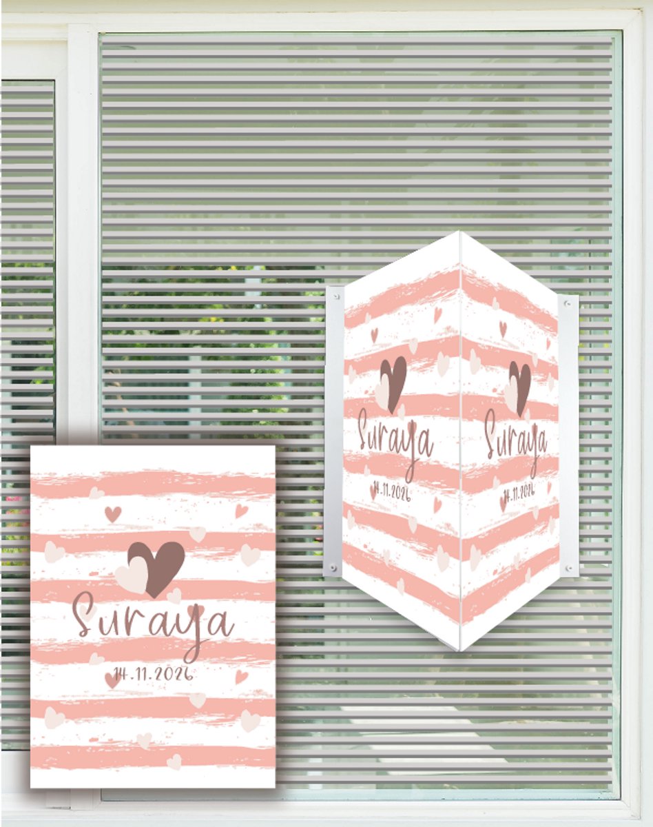 StudioJitske | raambord 70cm, geboortebord, raamsticker | roze wit gestreept met hartjes