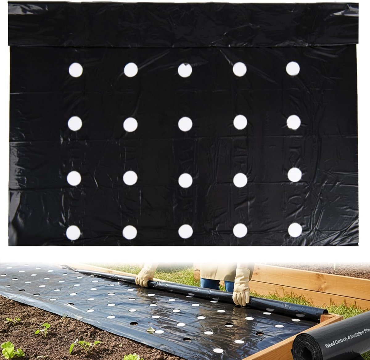 Onkruidwerend doek, zeer sterk onkruidwerend doek, voorgeboord plantdoek, 10 x 90 cm zwart plastic mulch, geschikt voor moestuinen, gazons en landschapsarchitectuur.