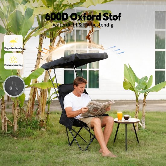 Gloovon® Campingstoel met Zonnedak - Opvouwbaar & Comfortabel - Versterkt 16mm Carbonstalen Frame - Belastbaar tot 140kg - Zwart van gloovon — afbeelding 4